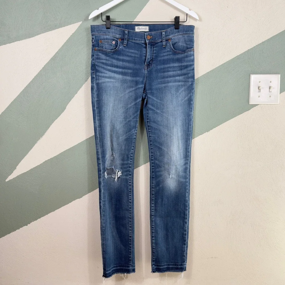 Madewell Alley Straight Jeans Womens 30 Blue Distressed Raw Hem Denim